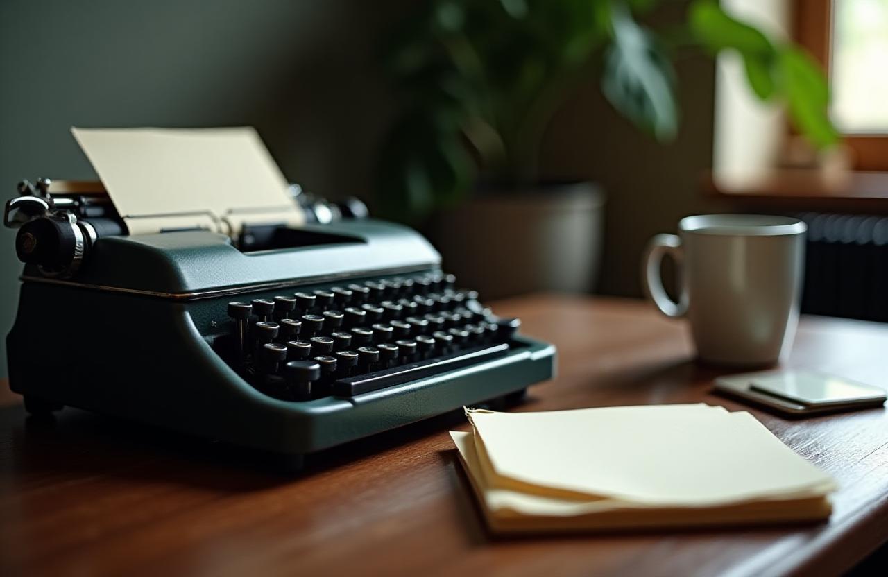 Close up of an old typewriter and a neat stack of papers on a wooden desk