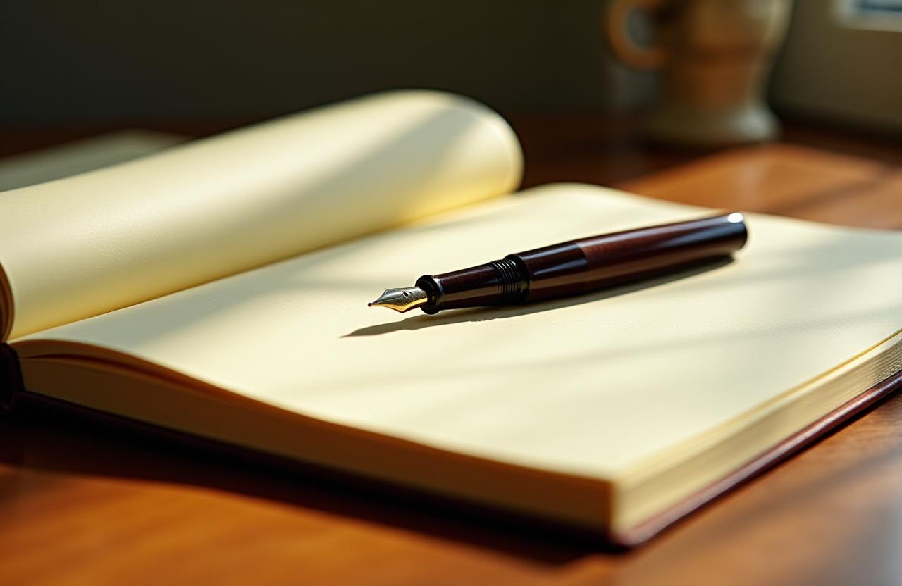 Close up of a fountain pen resting on a leather-bound journal in a sunlit studio on Wythe Avenue