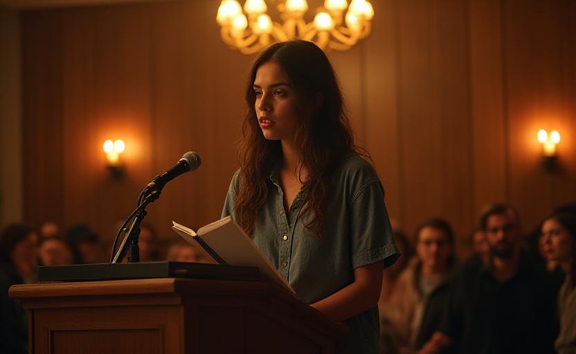 A student reading their work at a candlelit open mic night
