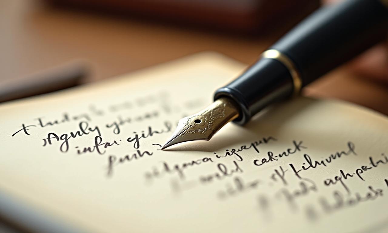 Close up of a fountain pen resting on a handwritten manuscript