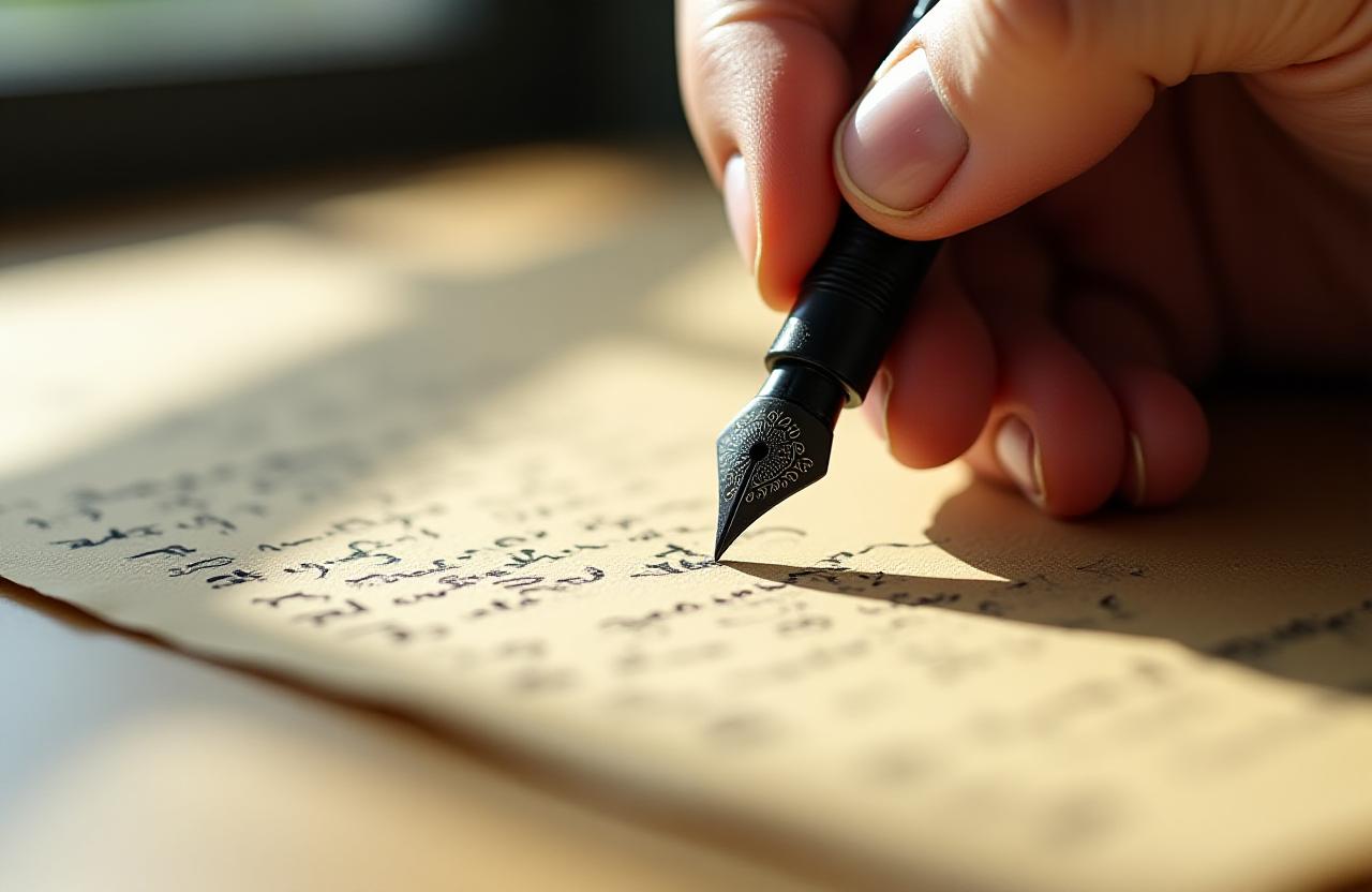 Close up of a writer's hand with a fountain pen