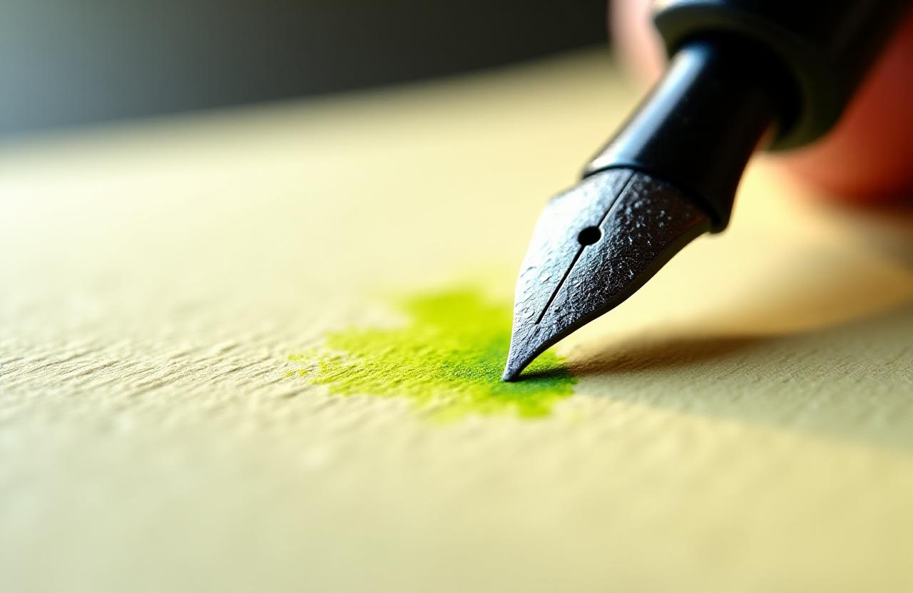 Close up of vintage fountain pen hitting textured paper with green ink
